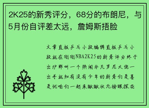 2K25的新秀评分，68分的布朗尼，与5月份自评差太远，詹姆斯捂脸